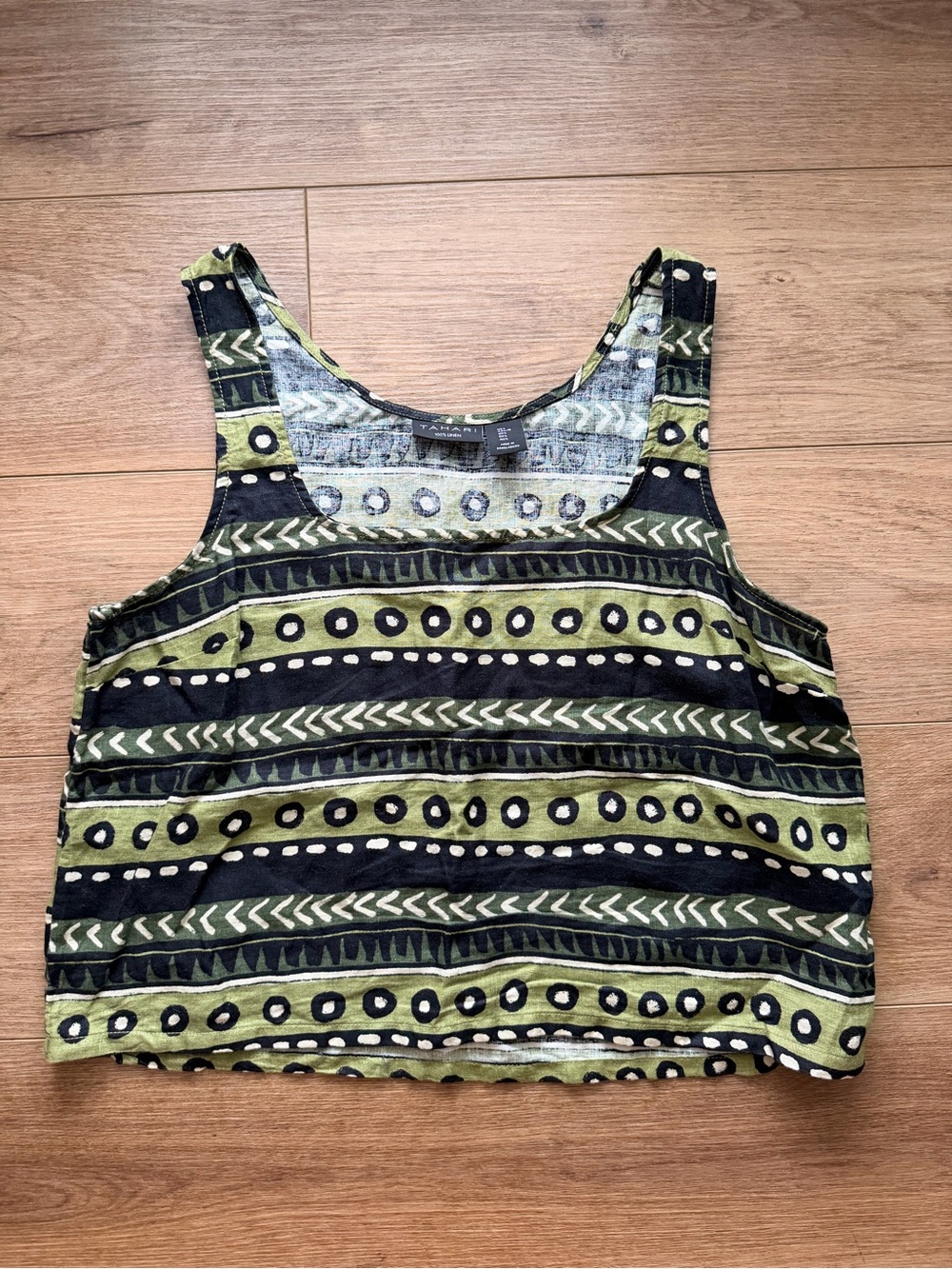Tahari Green and Black Tribal Stripe Tank 100% Linen